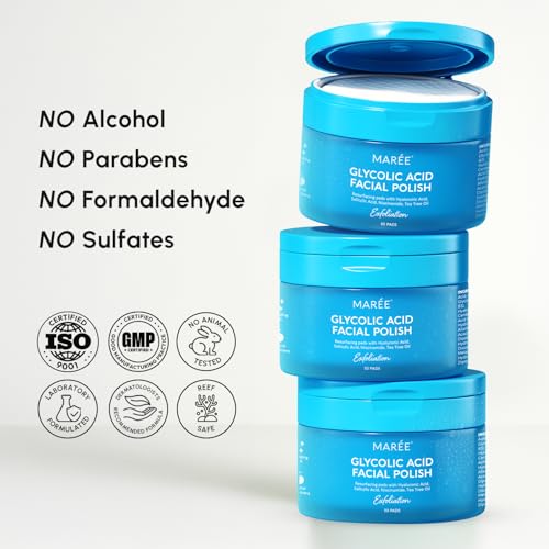 MAREE Glycolic Acid Pads - Toner Pads for Face Cleansing - Exfoliating Pad with Tea Tree Oil, Salicylic Acid & Vitamins E, B3, B5 - Acne Clearing, Skin Pore Resurfacing & Radiance Device - 50 Count