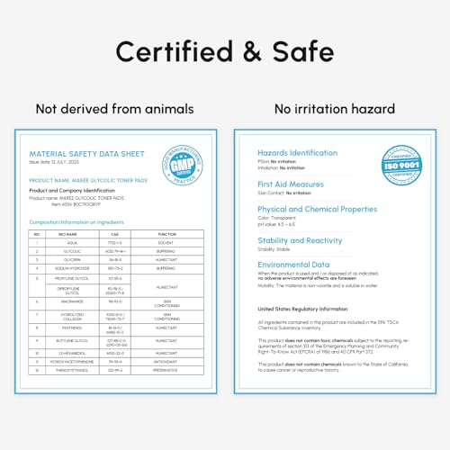 MAREE Glycolic Acid Pads - Toner Pads for Face Cleansing - Exfoliating Pad with Tea Tree Oil, Salicylic Acid & Vitamins E, B3, B5 - Acne Clearing, Skin Pore Resurfacing & Radiance Device - 50 Count