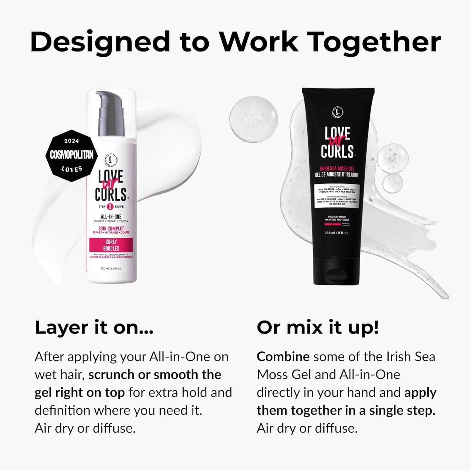 Love Ur Curls® All-in-One Curl Cream Styler for Curly Hair and Irish Sea Moss Hair Gel Bundle, Define, Hydrate and Style with Shea Butter, Medium Hold Curl Styling Gel to Reduce Excess Frizz