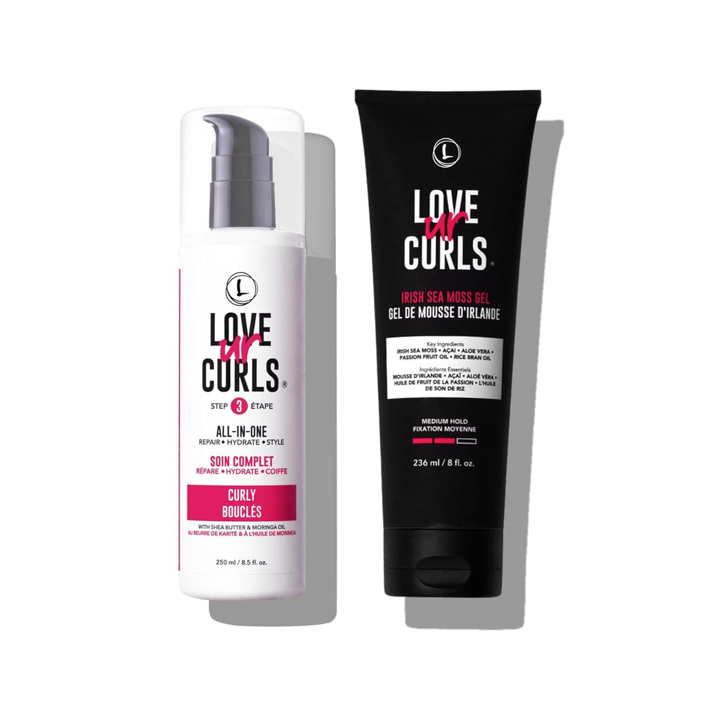 Love Ur Curls® All-in-One Curl Cream Styler for Curly Hair and Irish Sea Moss Hair Gel Bundle, Define, Hydrate and Style with Shea Butter, Medium Hold Curl Styling Gel to Reduce Excess Frizz