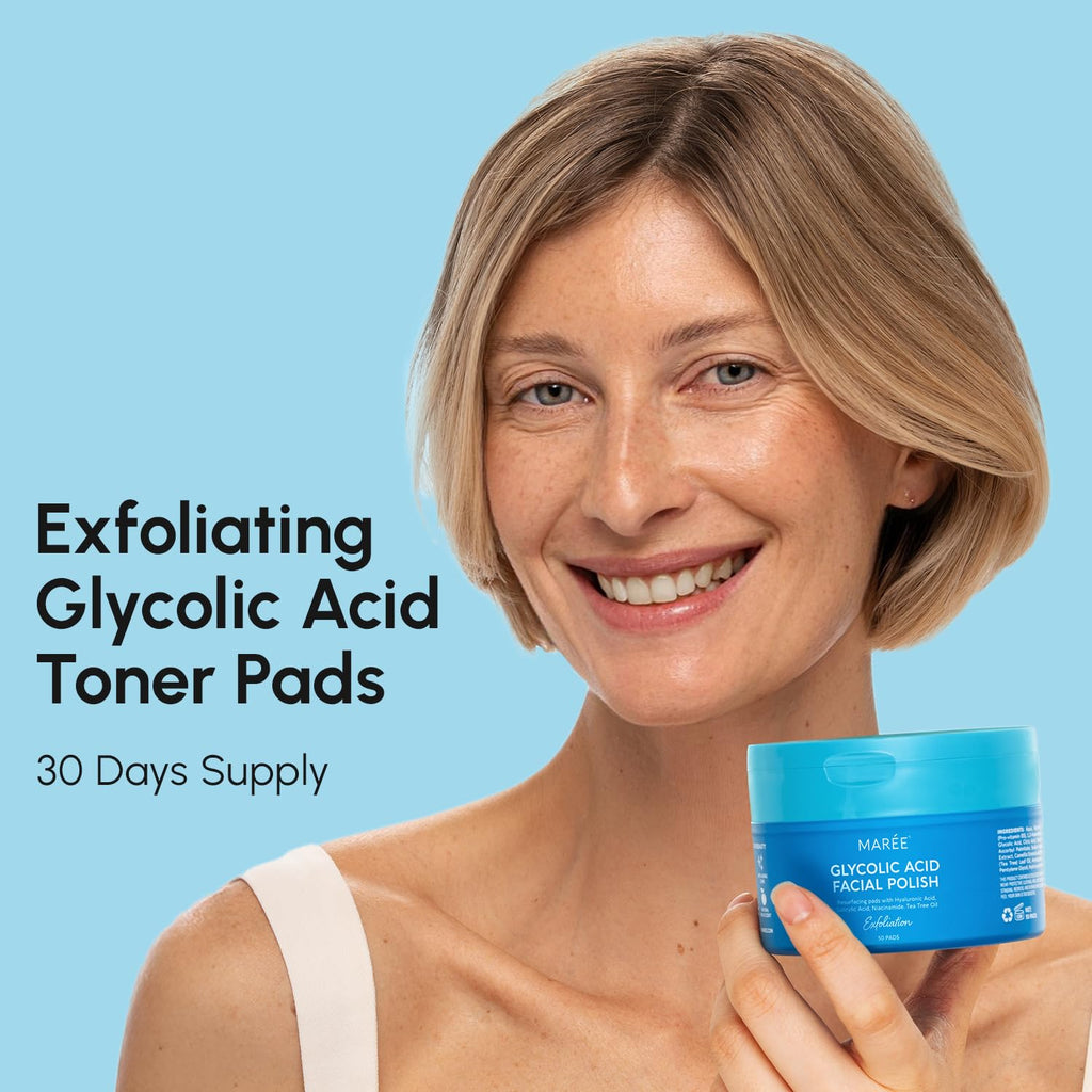 MAREE Glycolic Acid Pads - Toner Pads for Face Cleansing - Exfoliating Pad with Tea Tree Oil, Salicylic Acid & Vitamins E, B3, B5 - Acne Clearing, Skin Pore Resurfacing & Radiance Device - 50 Count