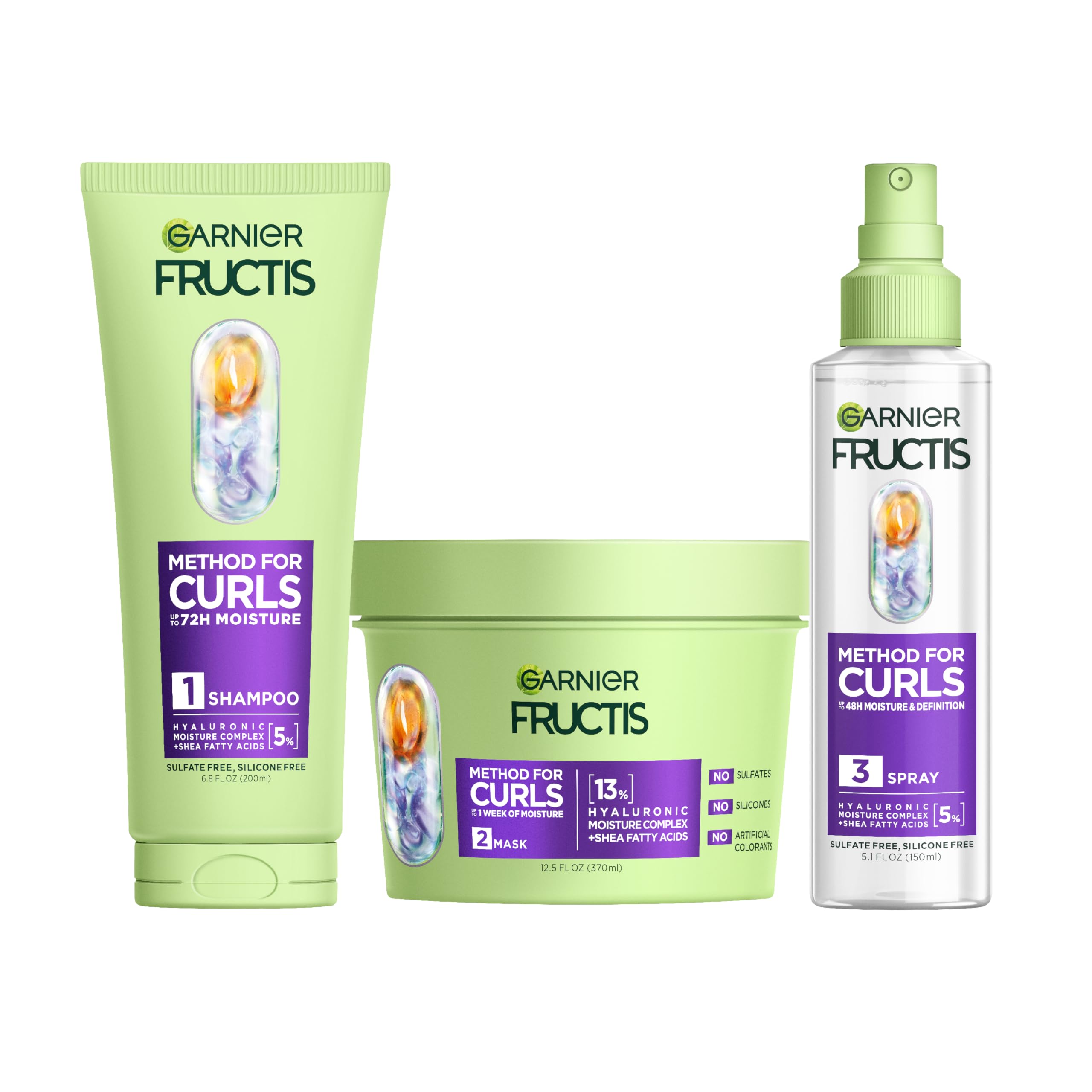 Garnier Fructis Method for Curls Curly Hair Products, Moisture Filling Shampoo, Hair Mask and Curl Refresher Spray, Designed and Tested for 2C to 4C Curls and Coils, 1 Kit