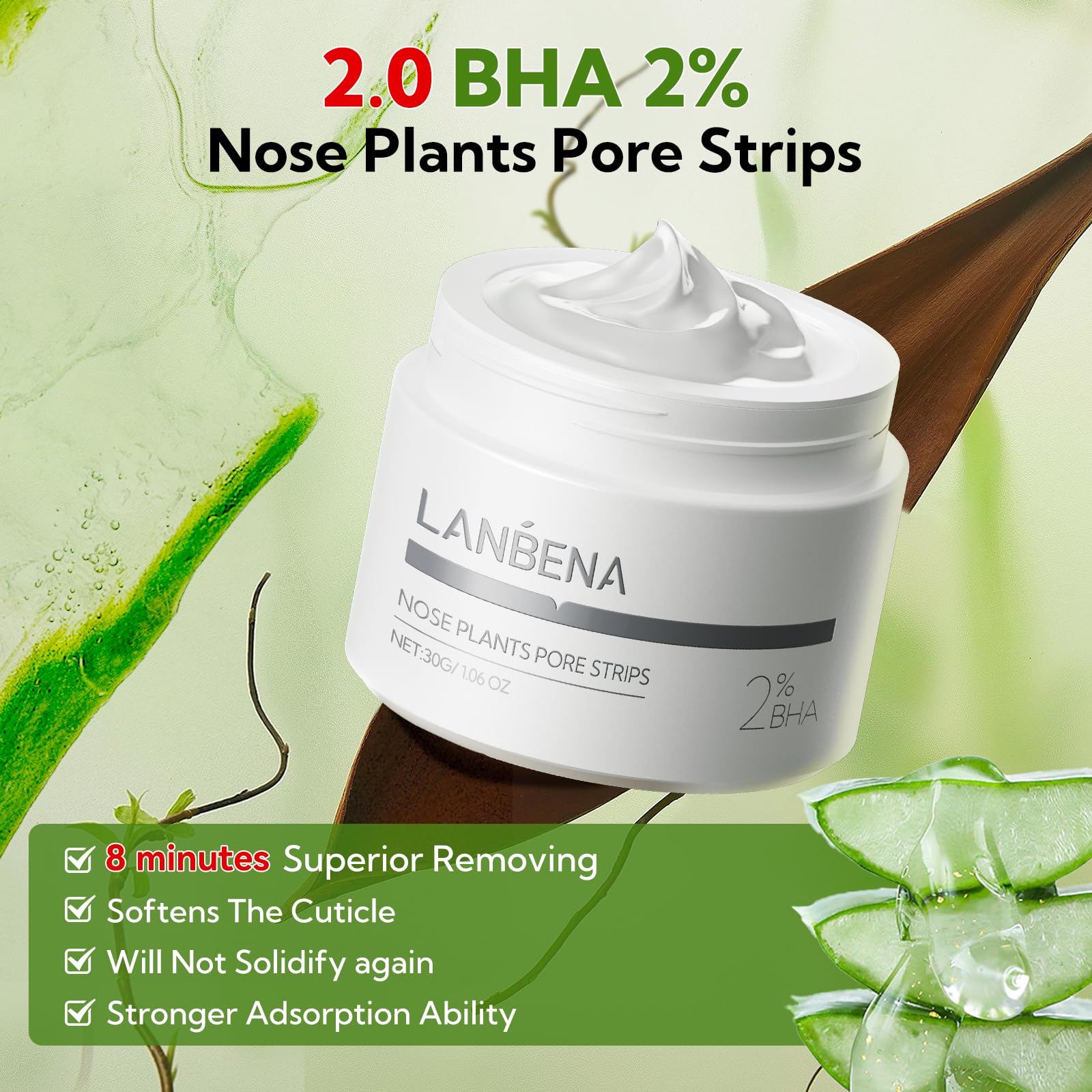 LANBENA 2.0 Nose Pore Strips, Blackhead Remover Mask with Salicylic Acid, Amazonian White Clay, Pore Cleanser Purifying Peel off Face Mask with 60 PCS Strips, Aloe Facial Mask(1.05 Ounce)