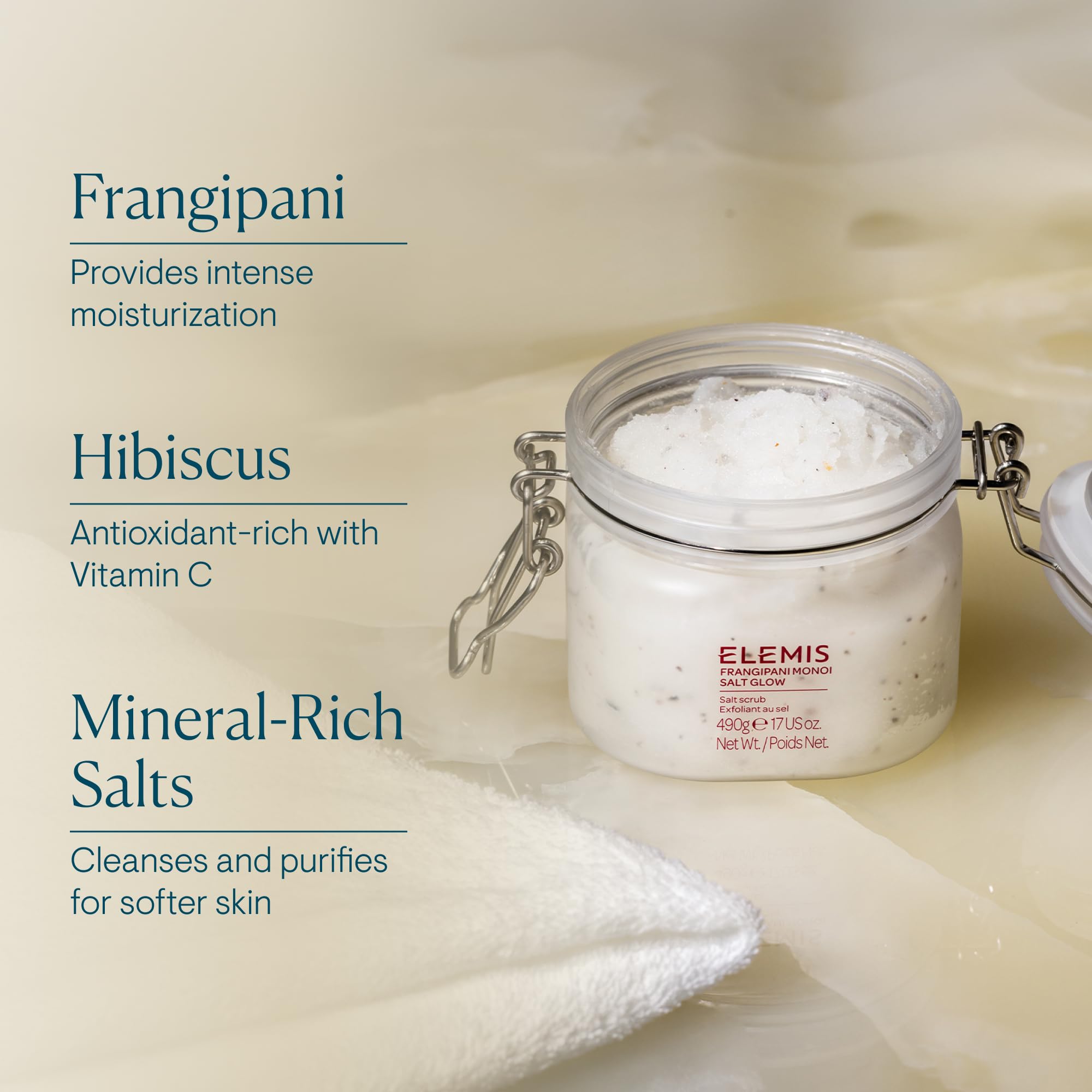 ELEMIS Frangipani Monoi Salt Glow 490g, Tropical Body Scrub To Exfoliate & Hydrate for Radiant Skin