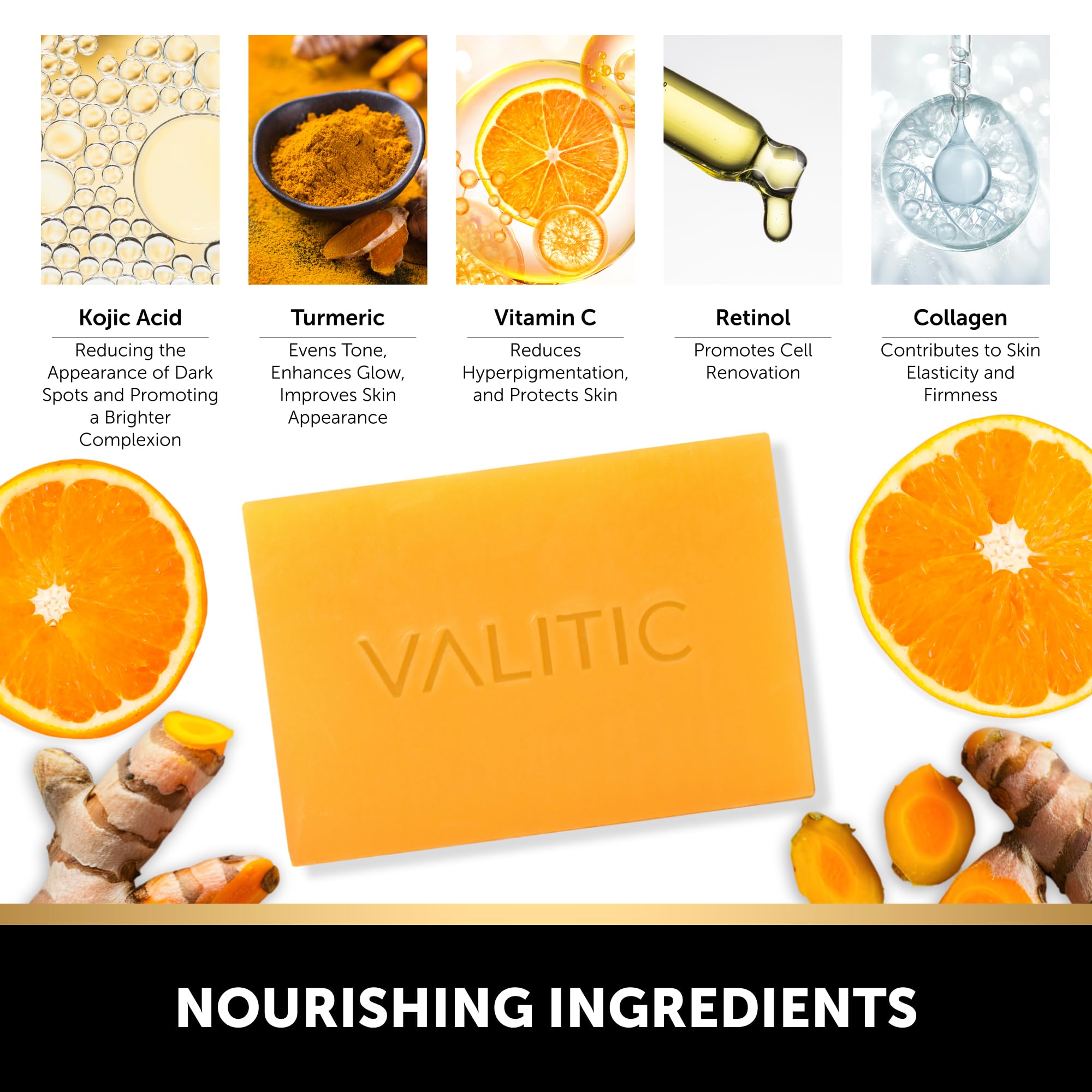 VALITIC Kojic Acid Vitamin C and Retinol Soap Bars with Turmeric for Dark Spot - Original Japanese Complex Infused with Collagen, Hyaluronic Acid, and Vitamin E (2 Pack)