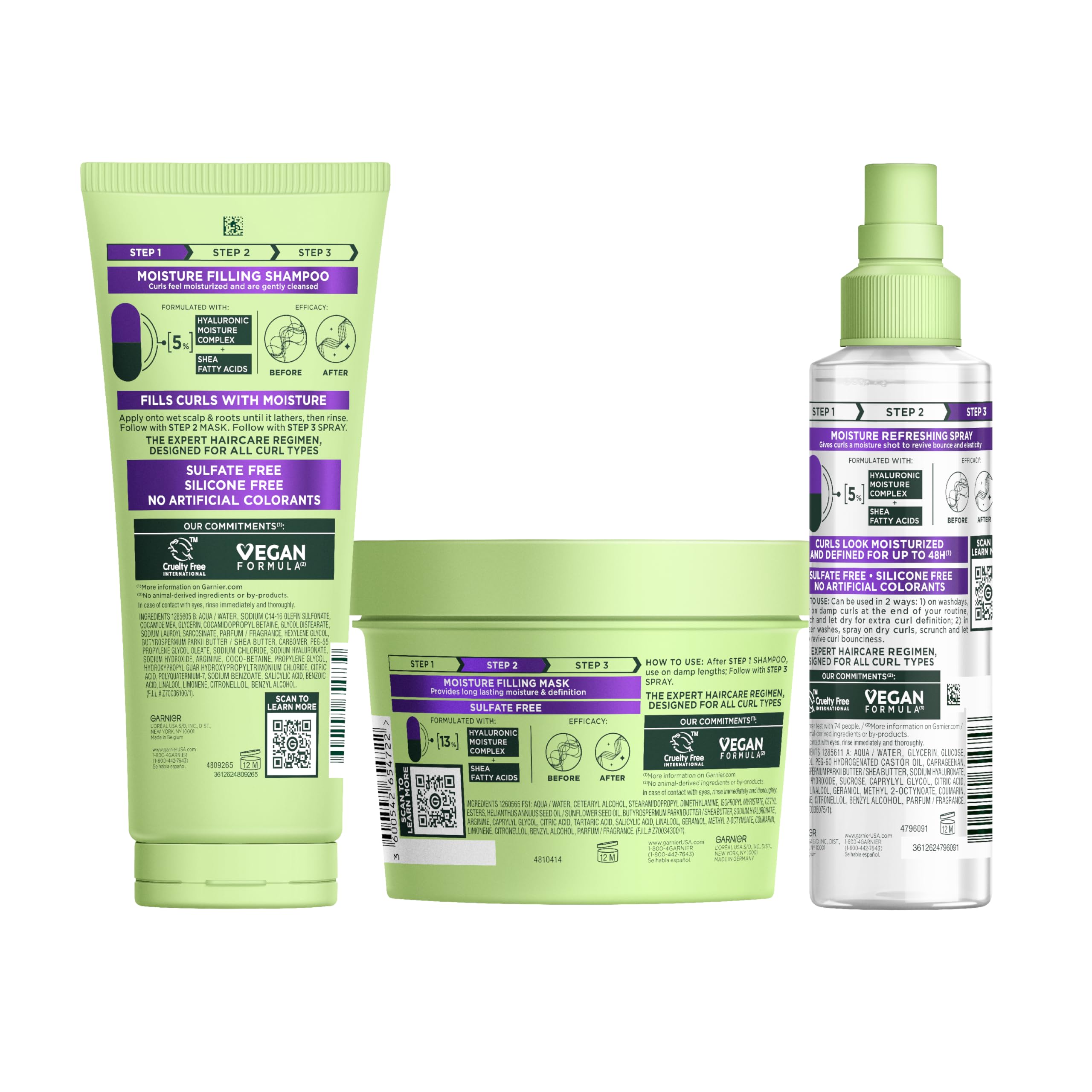 Garnier Fructis Method for Curls Curly Hair Products, Moisture Filling Shampoo, Hair Mask and Curl Refresher Spray, Designed and Tested for 2C to 4C Curls and Coils, 1 Kit