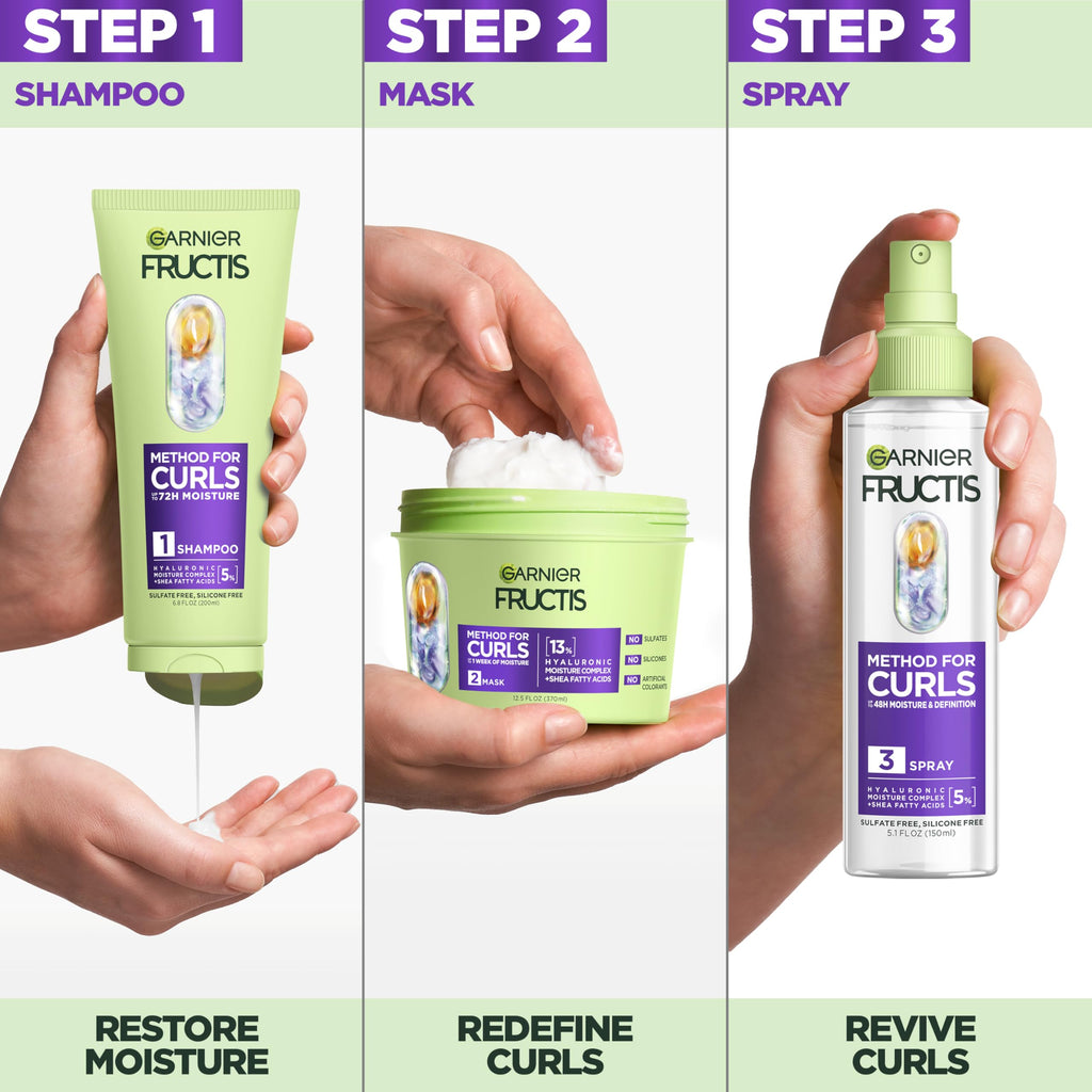 Garnier Fructis Method for Curls Curly Hair Products, Moisture Filling Shampoo, Hair Mask and Curl Refresher Spray, Designed and Tested for 2C to 4C Curls and Coils, 1 Kit