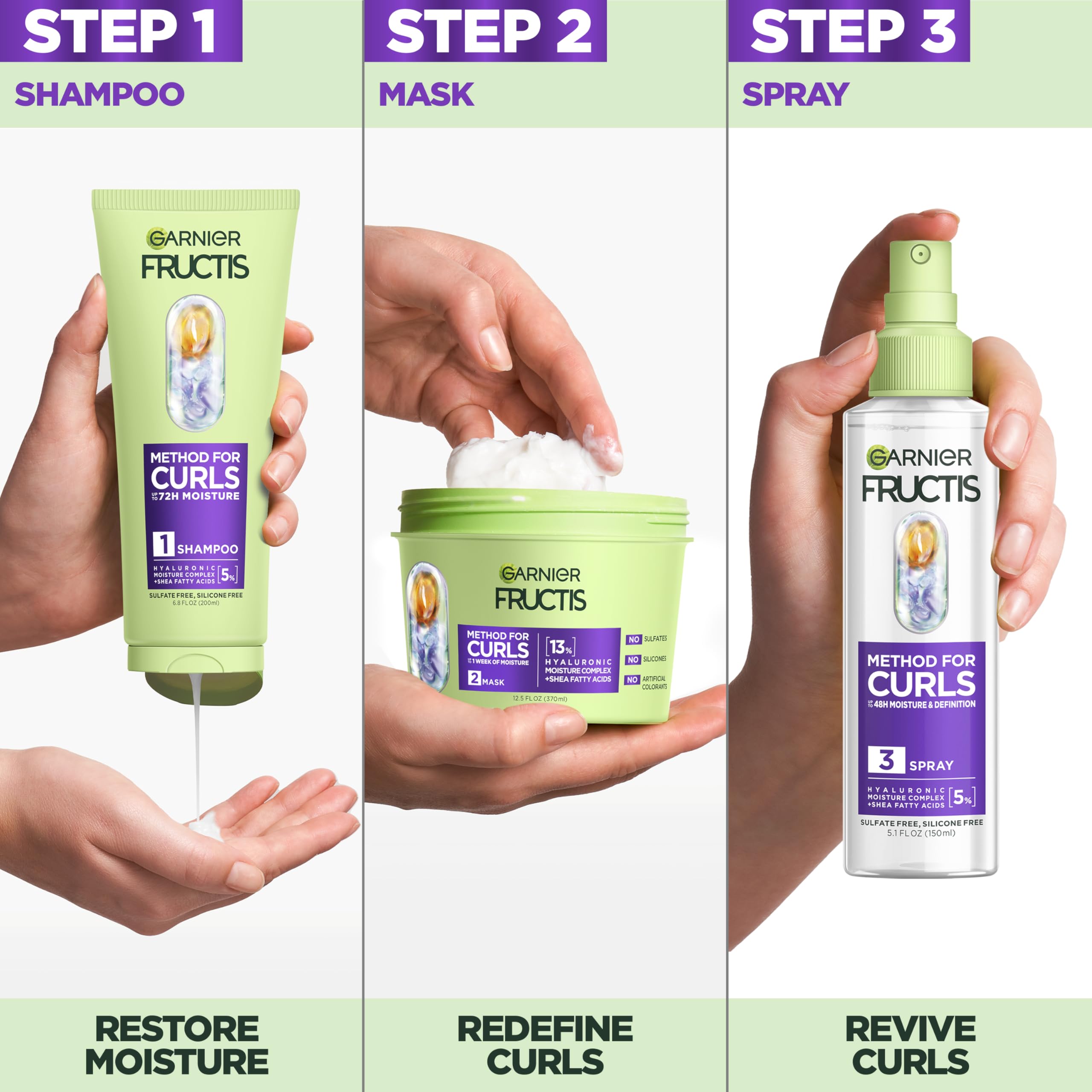Garnier Fructis Method for Curls Curly Hair Products, Moisture Filling Shampoo, Hair Mask and Curl Refresher Spray, Designed and Tested for 2C to 4C Curls and Coils, 1 Kit