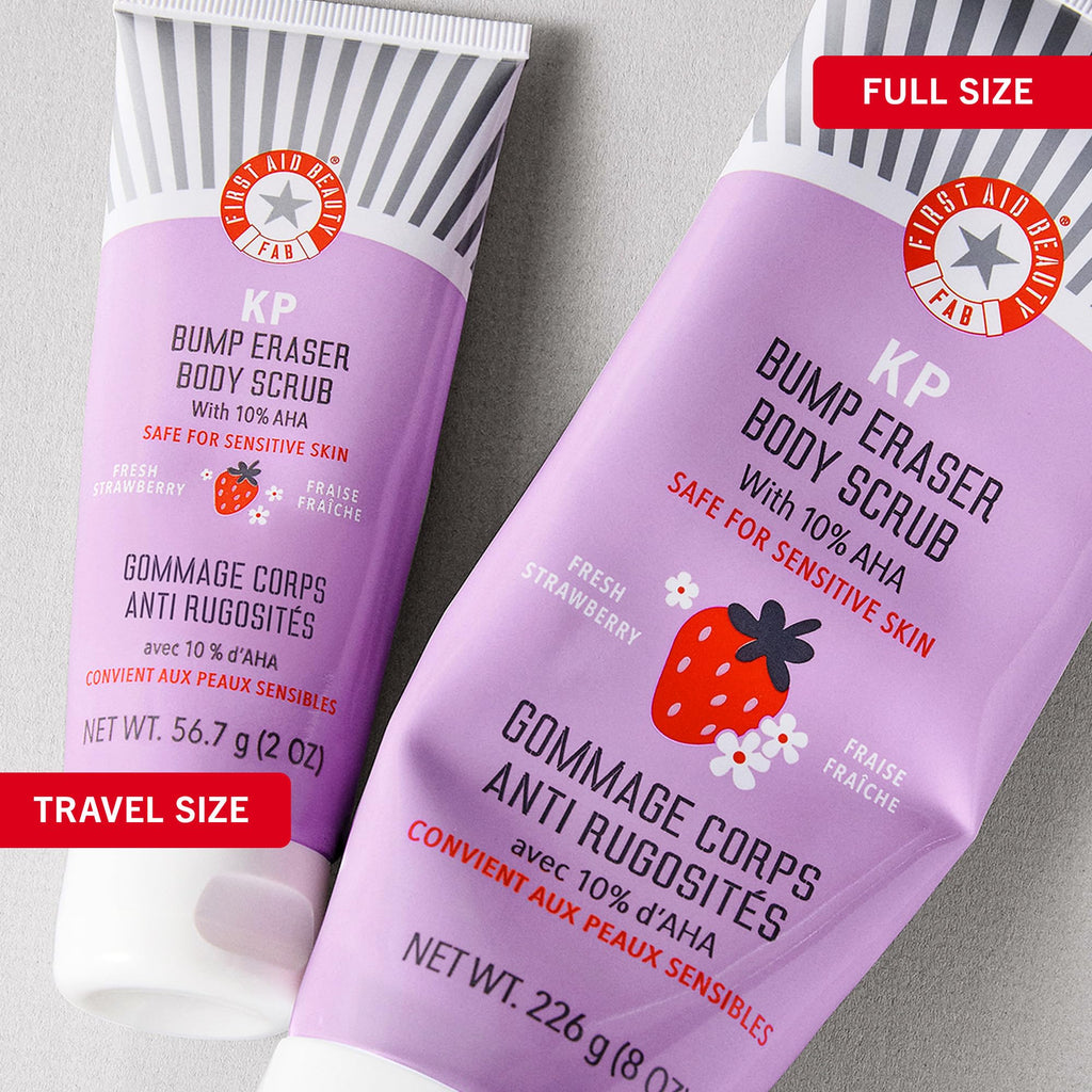 First Aid Beauty - KP Bump Eraser Body Scrub with 10% AHA, Keratosis Pilaris Exfoliator with Glycolic and Lactic acids, Helps Reduce Chicken Skin Bumps, Safe for Sensitive Skin, Strawberry Scent, 8 oz